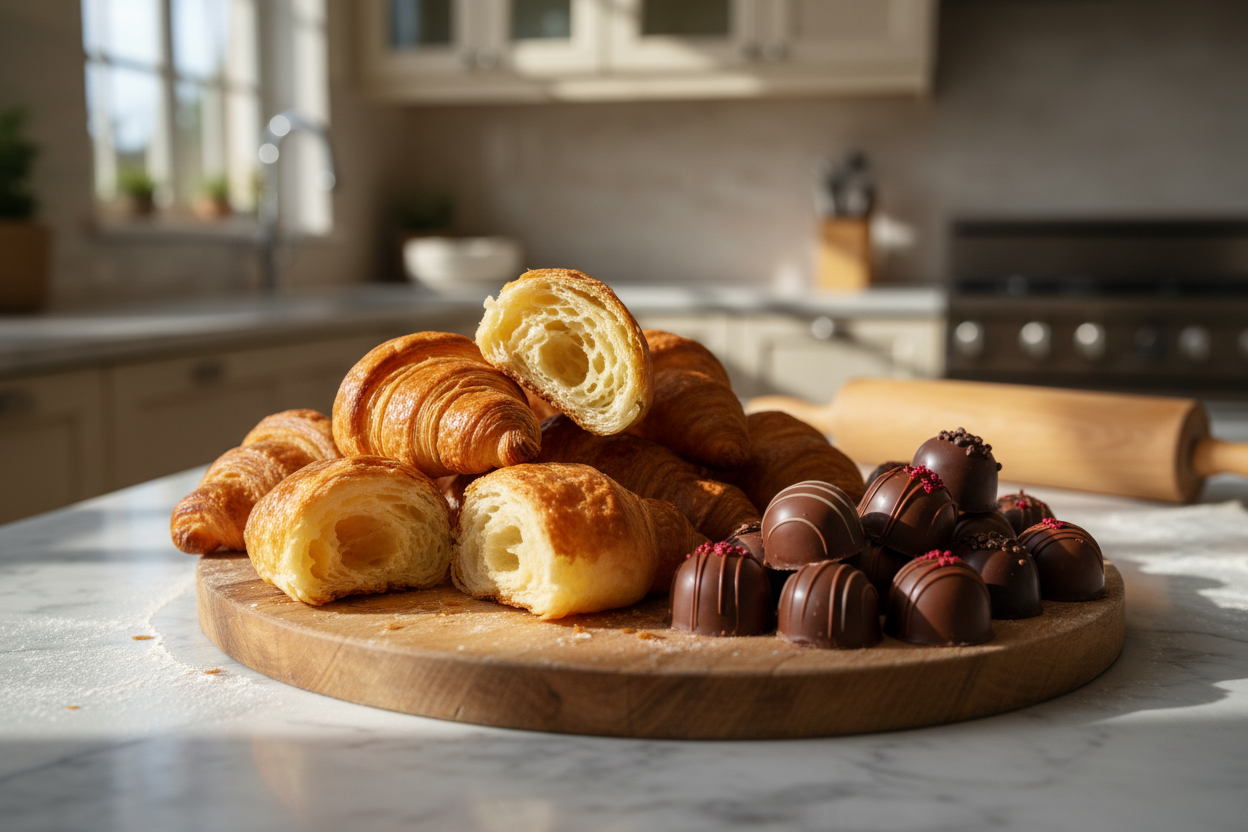 cocina con croisants y bombones de chocolate